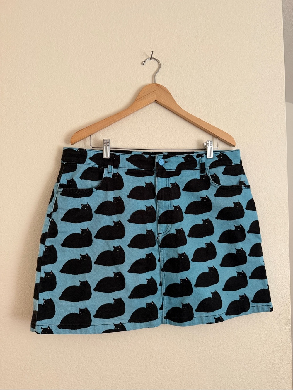 Lazy Oaf Mini Skirt Blue Denim Black Cats